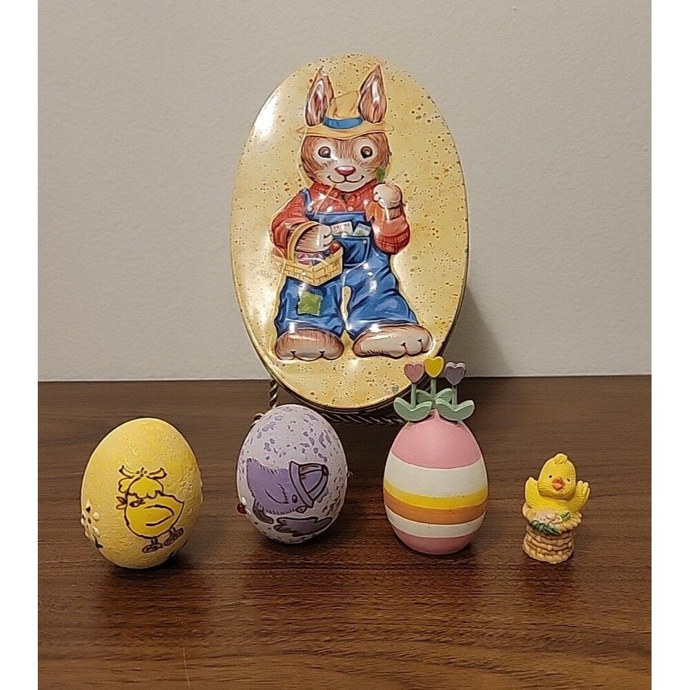 Easter Lot ~ Tin Box "Raised" Rabbit Collectible Tin + 3 Decorated Eggs + Chick